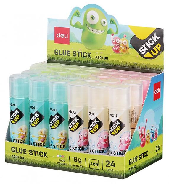 Клей-карандаш Deli EA20700 8гр корп.ассорти/прозрачный дисплей картонный детский Stick UP фото 1
