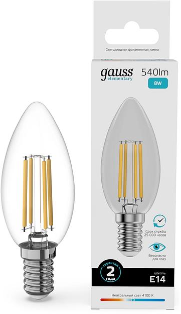 Лампа филам. Gauss Filament 8Вт цок.:E14 свеча св.свеч.бел.нейт. (упак.:10шт) (32128) фото 1