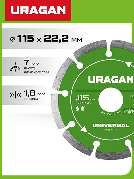 URAGAN UNIVERSAL 115 мм, диск алмазный отрезной сегментный (36705-115) фото 2