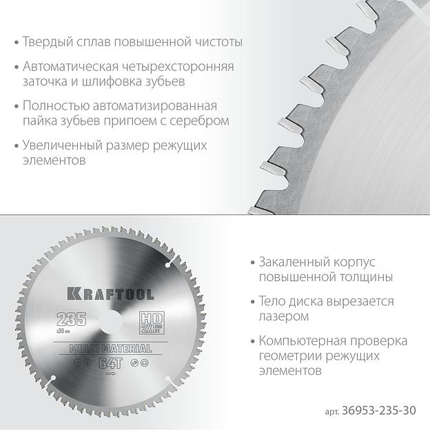 KRAFTOOL Multi Material, 235 х 30 мм, 64Т, пильный диск по алюминию (36953-235-30) фото 4