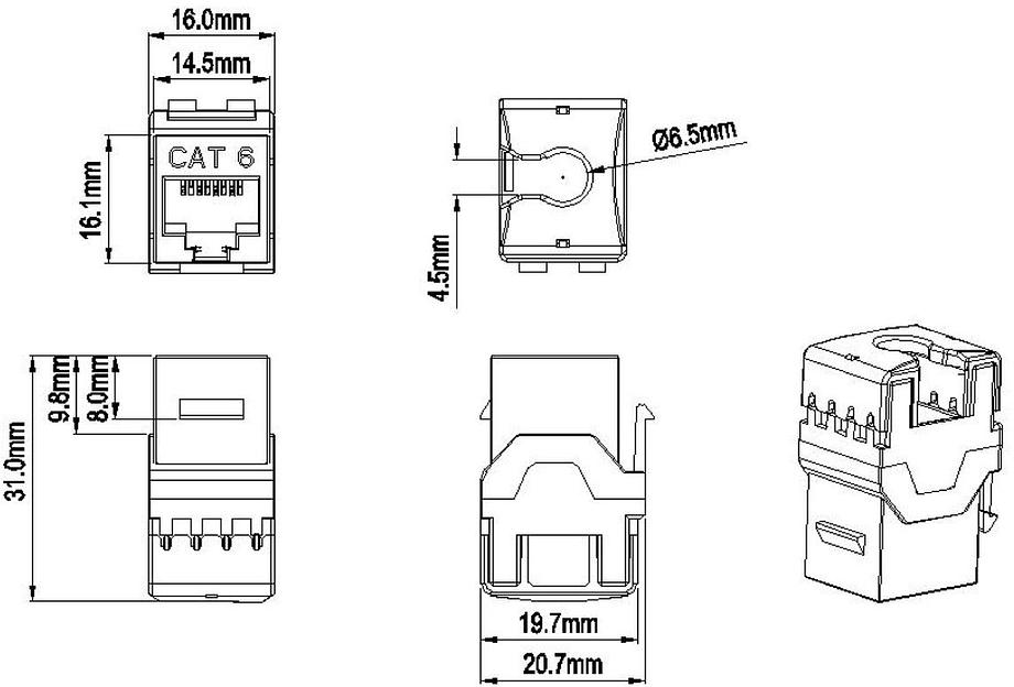 Hyperline KJ9-8P8C-C6-90-BK Вставка Keystone Jack RJ-45(8P8C), категория 6, черная фото 3
