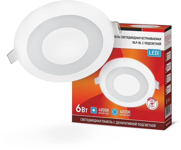 Панель светодиодная встраиваемая круглая RLP-BL 6Вт 230В 4000К 350Лм 105мм с подсветкой бел IN HOME фото 1