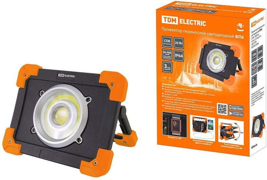 Прожектор переносной светодиодный ФП6, 20 Вт, 1800лм, Li-Ion 3,7 B 6,6 A*ч, USB TDM фото 1