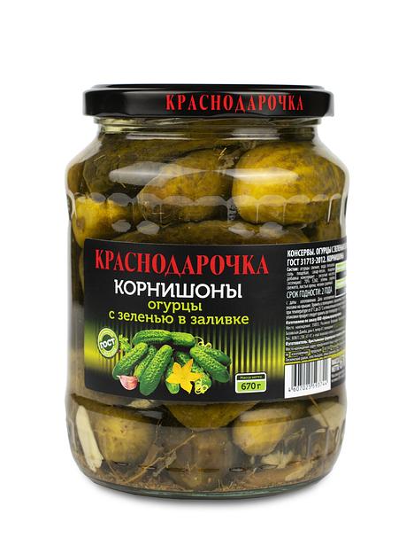 Корнишоны с зеленью в заливке «Краснодарочка», 670 гр, опт фото 1