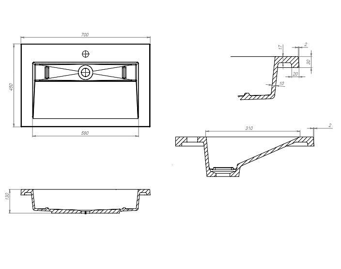 Раковина для ванной полувстраиваемая Uperwood Next 70 см, прямоугольная, серый глянец фото 3