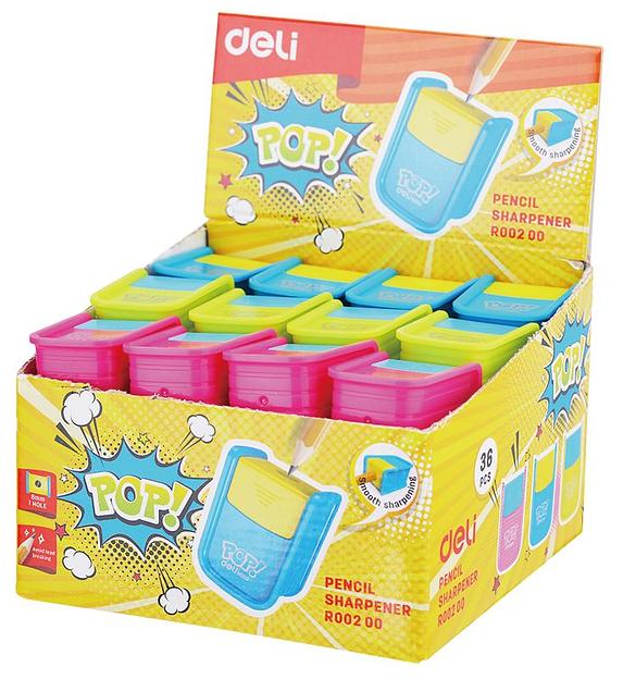 Точилка для карандашей ручная Deli ER00200 PoP 1 отверстие пластик ассорти дисплей фото 1