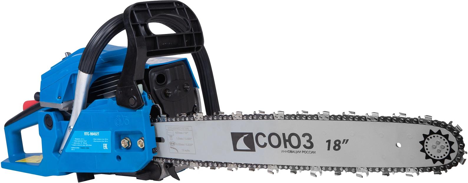 СОЮЗ ПТС-99452Т Бензопила СОЮЗ, 2350 Вт, 3.2 л.с., шина 405мм, цепь 0,325", ЛЕГКИЙ СТАРТ, тормоз цеп [ПТС-99452Т] фото 2