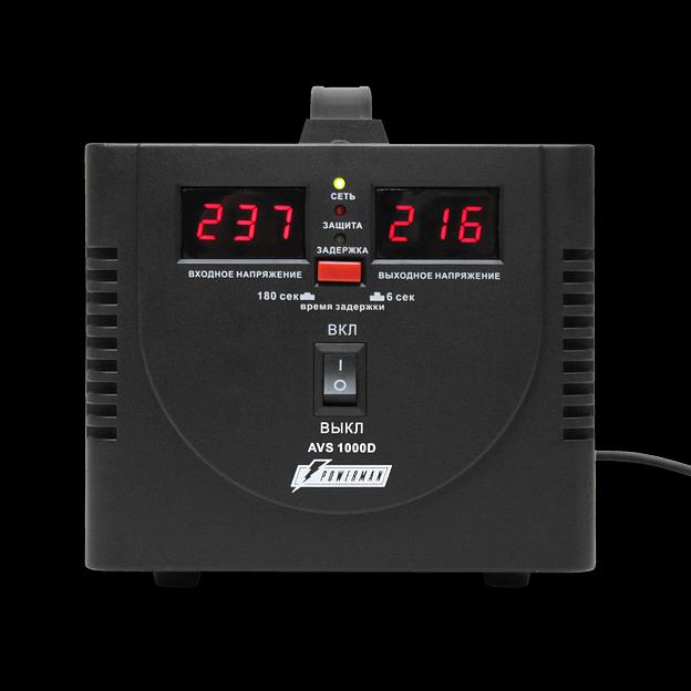 Стабилизатор POWERMAN AVS 1000D, черный, ступенчатый регулятор, цифровые индикаторы уровней напряжения, 1000ВА, 140-260В, максимальный входной ток 7А, 2 евророзетки, IP-20, напольный, 200мм х 150мм х 140мм, 2,3 кг. POWERMAN AVS 1000D (POWERMAN AVS 1000D фото 2
