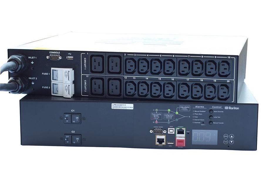 Гибридный автоматический ввод резервного питания PX3TS-1469R, 1 фаза, 230 В, 7.4 кВА, 32 A, 20 розеток: 16 х C13, 4 х С19, тип вилки: 2 x IEC 60309, 2U, transfer switch, цветной дисплей, Ethernet, RS-232, 2 x USB-A, 2 x USB-В, разъем для подключения датч фото 1