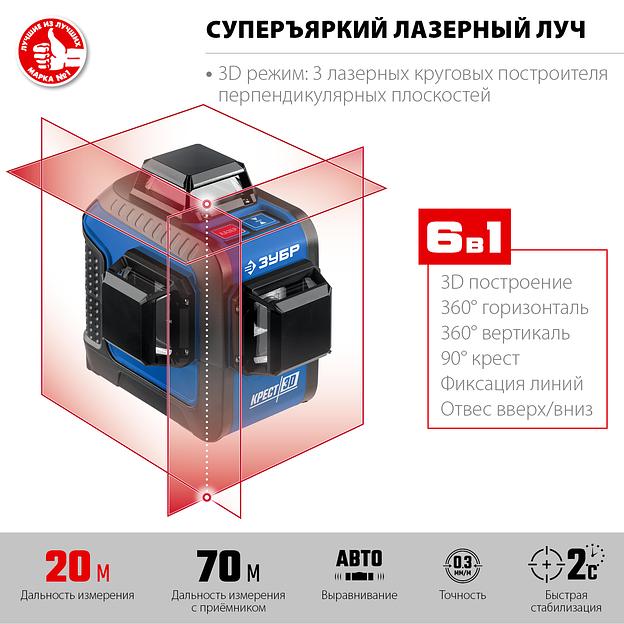 ЗУБР КРЕСТ 3D, 20 - 70 м, лазерный нивелир, Профессионал (34908) фото 3