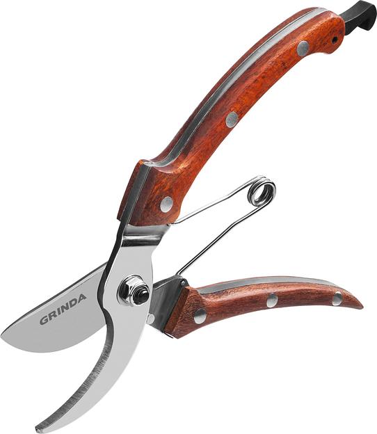 GRINDA P-17, 195 мм, из нержавеющей стали, с деревянными рукоятками, цельнокованый компактный плоскостной секатор, PROLine (423417) фото 3