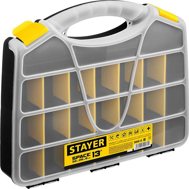 STAYER SPACE-13, 320 х 260 х 60 мм, (13″), пластиковый органайзер с 21 ячейкой (38038-13) фото 1