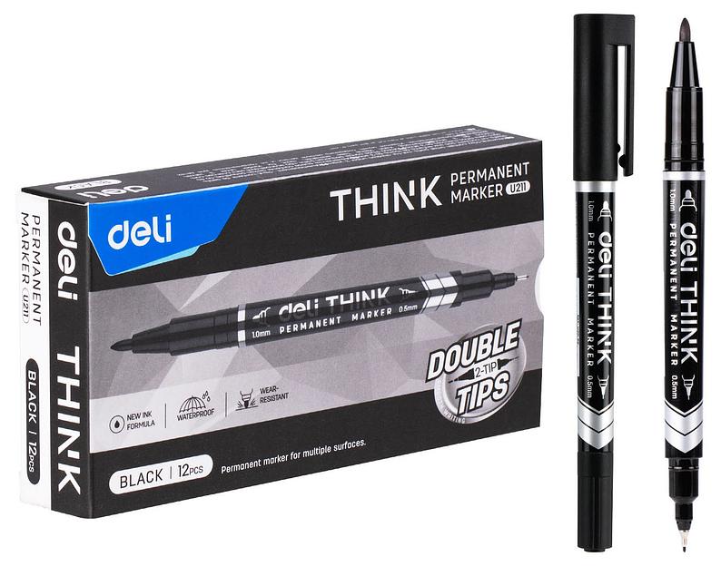 Маркер перманентный Deli EU211-BK Think двойной пиш. наконечник 0.5-1мм черный фото 1