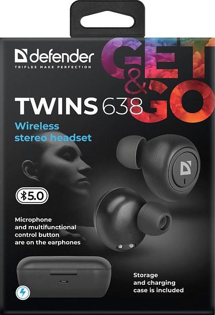 Гарнитура вкладыши Defender Twins 638 черный беспроводные bluetooth в ушной раковине (63638) фото 10