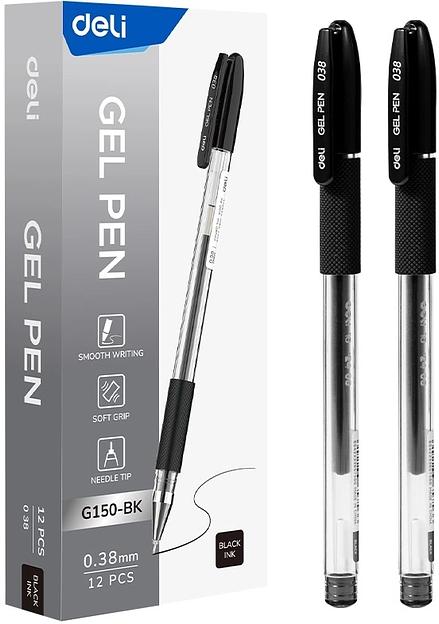 Ручка гелев. Deli EG150-BK прозрачный d=0.38мм черн. черн. игловидный пиш. наконечник резин. манжета фото 1