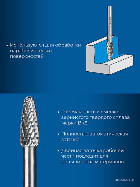 ЗУБР 8х20 мм, тип F (парабола с закругленным углом, радиус 2.0 мм), хв-к 6 мм, твердосплавная борфреза, ПРОФЕССИОНАЛ (28805-8-20) фото 7