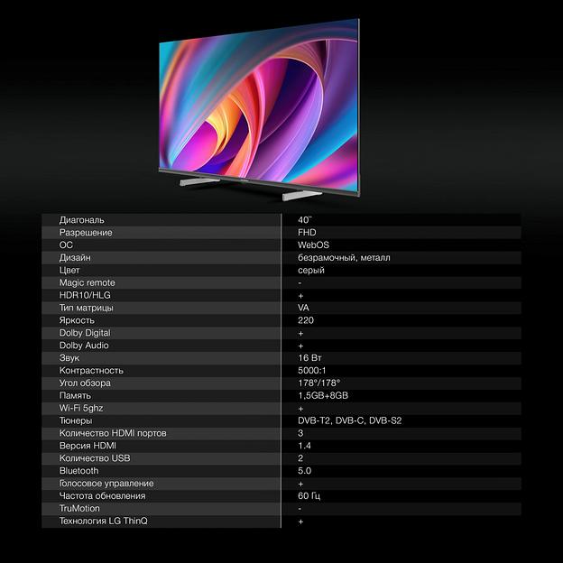 Телевизор LED Hyundai 40" H-LED40BS5100 WebOS Frameless Metal черный/серый FULL HD 60Hz DVB-T DVB-T2 DVB-C DVB-S DVB-S2 USB WiFi Smart TV фото 10