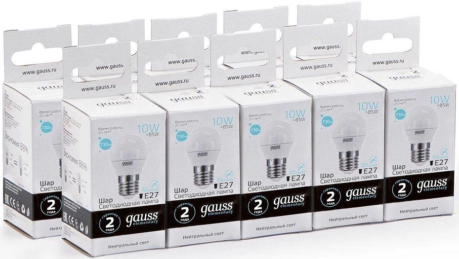 Лампа светодиодная Gauss Elementary 10Вт цок.:E27 шар 220B 4100K св.свеч.бел.ней. (упак.:10шт) (53220) фото 1
