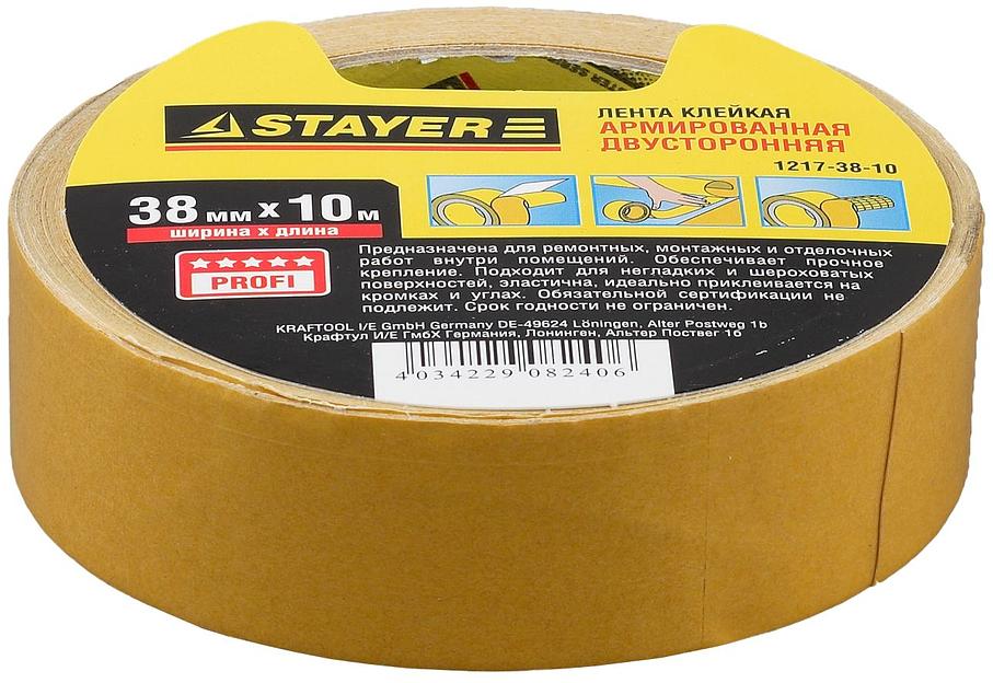 STAYER 38 мм, 10 м, на тканевой основе, двухсторонняя клейкая лента, Professional (1217-38-10) фото 2