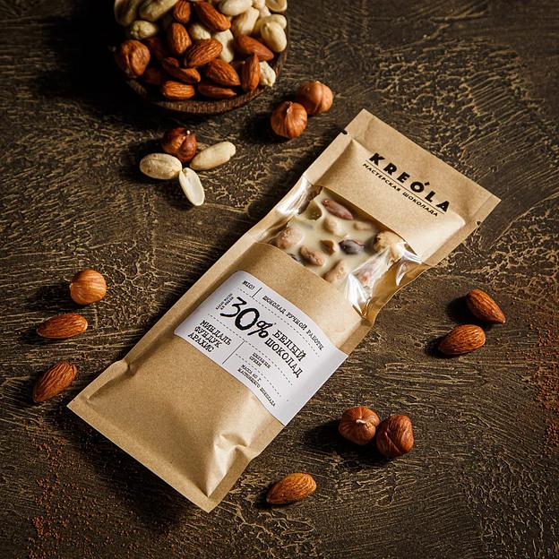 Белый шоколад Kreola плитка 60 г с добавлением фундука, миндаля и арахиса, опт фото 1