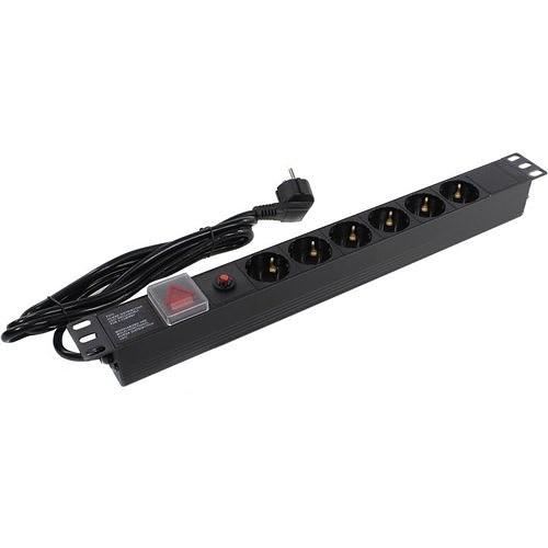 Exegate EX280831RUS Блок розеток ExeGate ServerPro PDU-19H606 Al-6S-EU2-SW-O, 19",1U,алюм, 6Sch, евровилка,2м,защ перегр фото 1