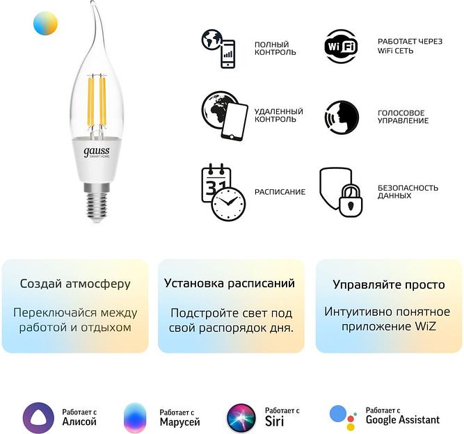Умная лампа Gauss IoT Smart Home E14 4.5Вт 495lm Wi-Fi (упак.:1шт) (1280112) фото 2