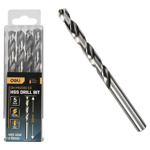 Набор сверл по металлу (10мм, 5 шт) Deli DH-MHZ100-E3 сталь HSS 4341, угол заточки 135 град, пласт. кейс фото 1