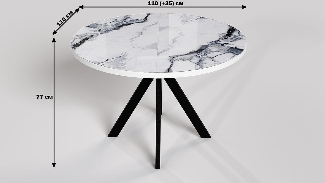 Стол Сохо 110(+35)×110×77 см чёрный металл, стекло мрамор глянец фото 3