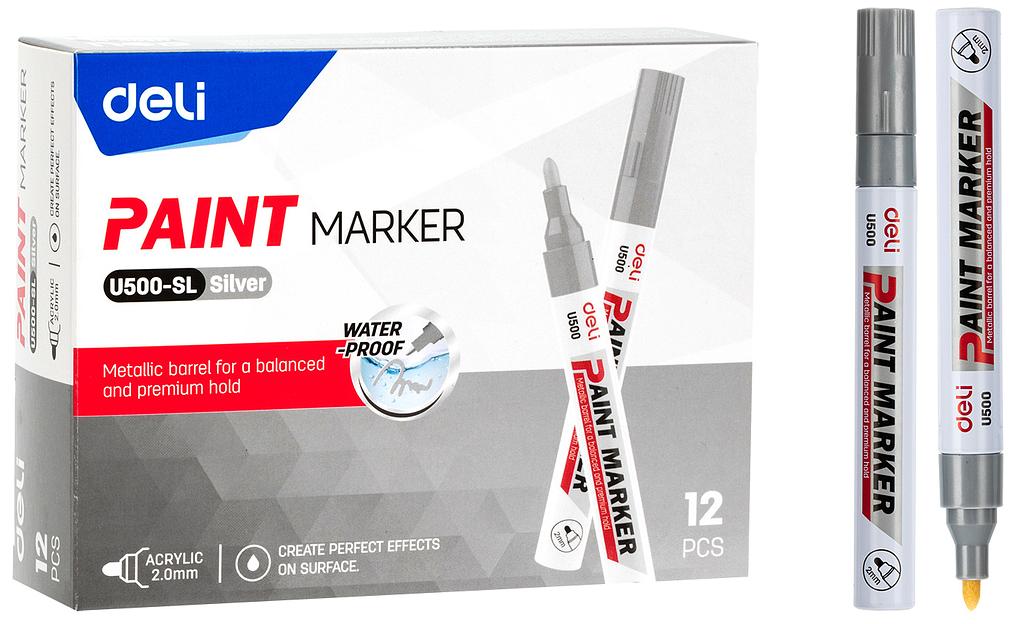 Маркер краска Deli EU500-SL 2мм пулевидный пиш. наконечник серебристый фото 1
