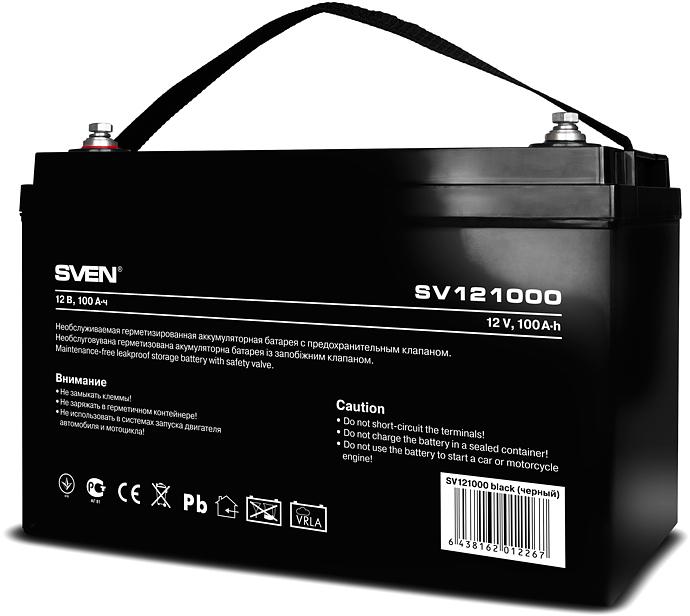 Батарея SVEN SV 121000 (12V 100Ah), напряжение 12В, емкость 100А*ч, макс. ток разряда 1000А, макс. ток заряда 30А, свинцово-кислотная типа AGM, тип клемм B5, Д/Ш/В 307/168/211мм, 30кг Sven SV-012267 фото 2