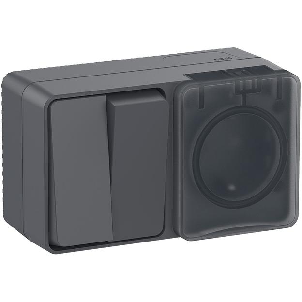 Systeme electric ATN544074 AtlasDesign Profi54 О/У БЛОК: розетка с заземлением со шторками 16А 250B, выключатель двухклавишный IP54 10А, АНТРАЦИТ, Россия фото 1