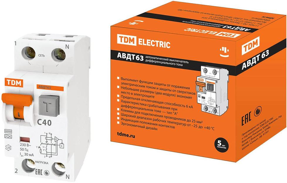 Дифференциальный автомат АВДТ 63 2Р(1Р+N) C40 30мА 6кА тип А TDM фото 1