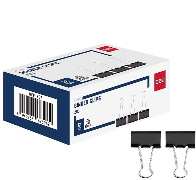 Зажимы Deli EZ63 металл 32мм черный (упак.:12шт) картонная коробка фото 1