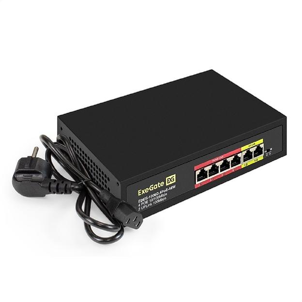 Коммутатор неуправляемый ExeGate EDES-1006D.4PoE-48W (6-портовый UTP 10/100 Base-Tx: 4 порта 802.3af (PoE), мощность PoE: 25W, суммарно 48W, 2 порта RJ45 uplink, настенный/настольный, металлический корпус) фото 1