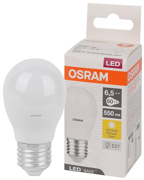 Лампа светодиодная LED Base Шарообразная 6,5 Вт (замена 60 Вт), 550Лм, 3000К, цоколь E27 OSRAM фото 1
