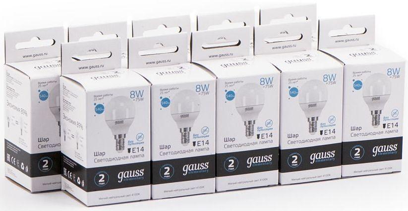 Лампа светодиодная Gauss Elementary 8Вт цок.:E14 шар 220B 4100K св.свеч.бел.ней. P45 (упак.:10шт) (53128) фото 2