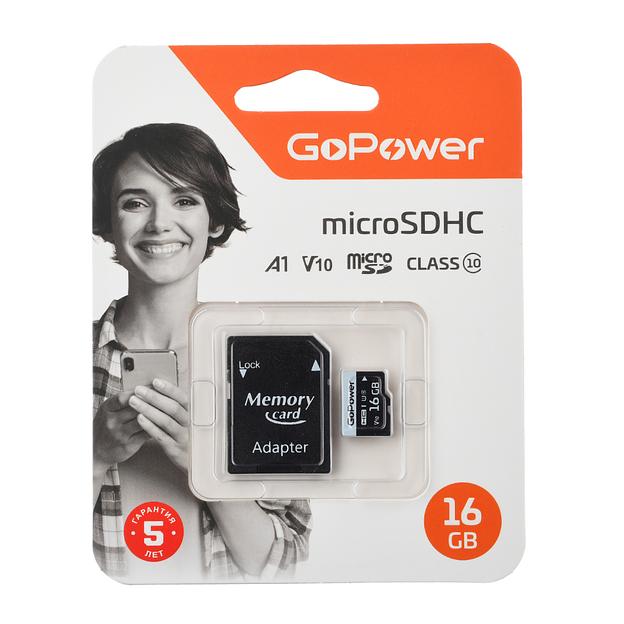 Карта памяти microSD GoPower 16GB Class10 60 МБ/сек V10 с адаптером GoPower 00-00025674 фото 1