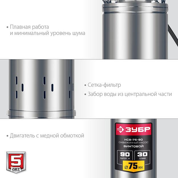 ЗУБР 550 Вт, 90 м напор, скважинный насос винтовой, корпус из нержавеющей стали (НСВ-75-90) фото 6