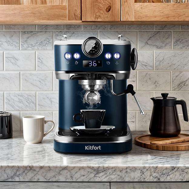 Кофеварка рожковая Kitfort КТ-7429 1360Вт синий/нержавеющая сталь фото 8