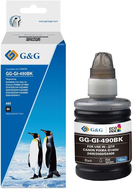 Чернила G&G GG-GI-490BK GI-490 черный пигментный 140мл для Canon Pixma G1400/G2400/G3400/G4400 фото 1