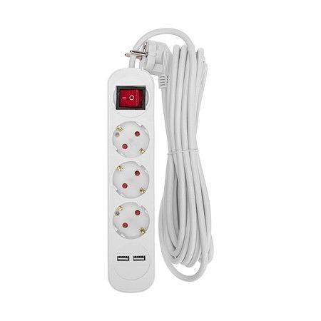 Rexant 13-4017 Удлинитель STANDARD 3 гнезда, 5м, 3х1,0мм?, с/з, с выключателем, 2 USB, белый фото 1