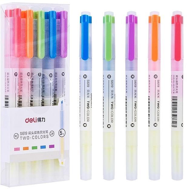 Набор текстовыделителей Deli S619 скошенный пиш. наконечник двухсторонний 6цв. ПЭТ-бокс (5шт.) фото 1