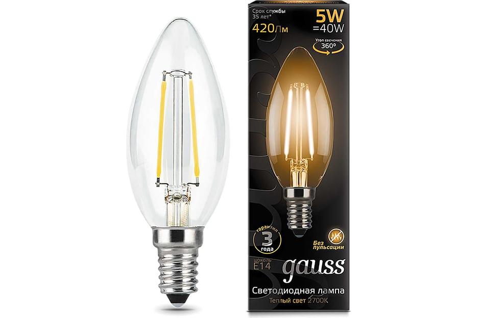 GAUSS 103801105 Светодиодная лампа LED Filament Свеча E14 5W 420lm 2700К 1/10/50 фото 1