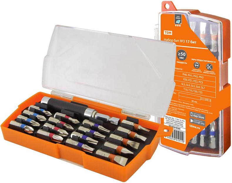 Набор бит №3, 17 бит: SL, PH, PZ, HEX, TORX, удлинитель, сталь CR-V, футляр, «Алмаз» TDM фото 1