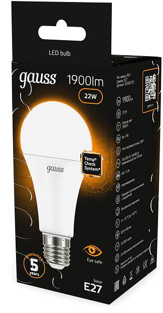 Лампа светодиодная Gauss A70 22Вт цок.:E27 груша 220B св.свеч.бел.теп. (упак.:10шт) (102502122) фото 5