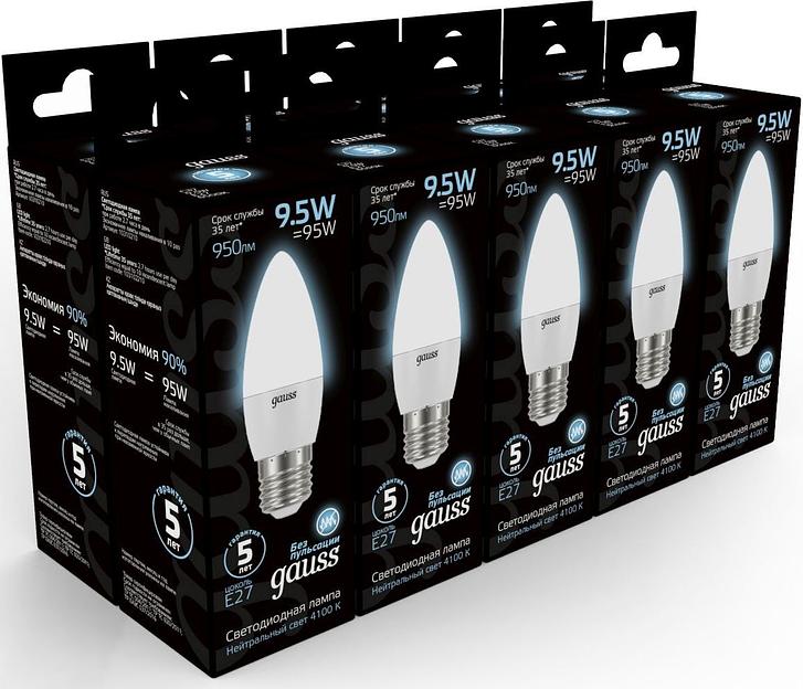 Лампа светодиодная Gauss 9.5Вт цок.:E27 свеча 220B 4100K св.свеч.бел.ней. (упак.:10шт) (103102210) фото 3