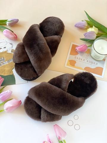 Меховые женские тапочки с перекрестными шлейками фото 5