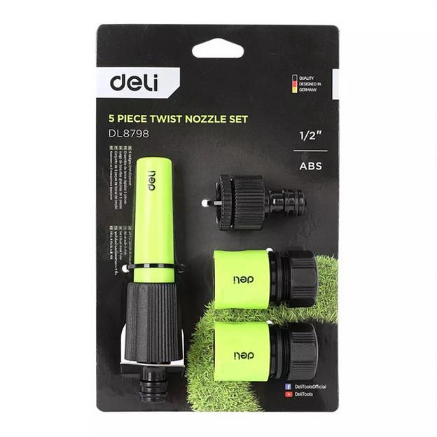 Набор соединителей для поливочных шлангов 5 шт 1/2" Deli DL8798 1/2" быстросъемный коннектор с аквастопом, 1/2" быстросъемный коннектор, штуцер 1/2"-3/4", регулируемая головка 110 мм для изменения формы струи, ударопрочный пластик фото 2
