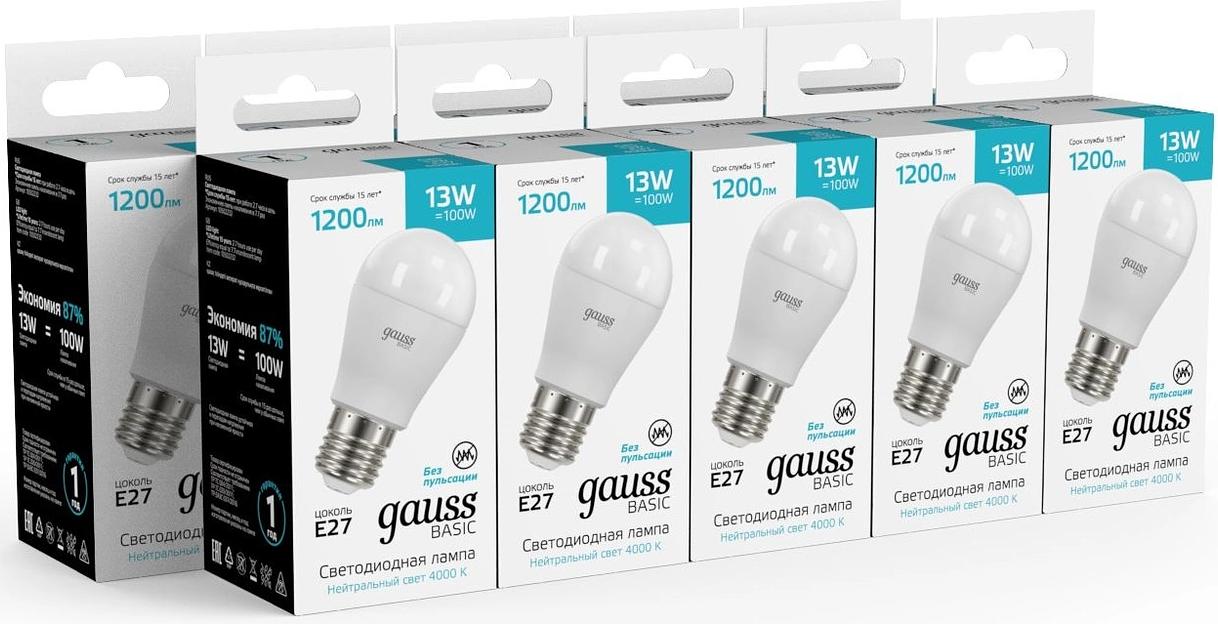 Лампа светодиодная Gauss Basic 13Вт цок.:E27 шар св.свеч.бел.нейт. (10502232) фото 3