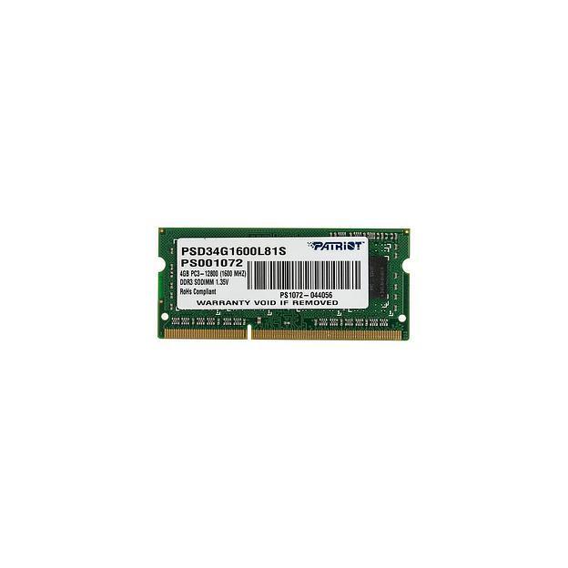 Оперативная память Patriot PSD34G1600L81S DDR3L - 1x 4ГБ 1600МГц, для ноутбуков (SO-DIMM), Ret фото 1